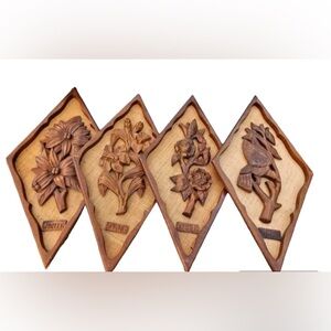 Vintage Four Seasons Carved Wood Plaques